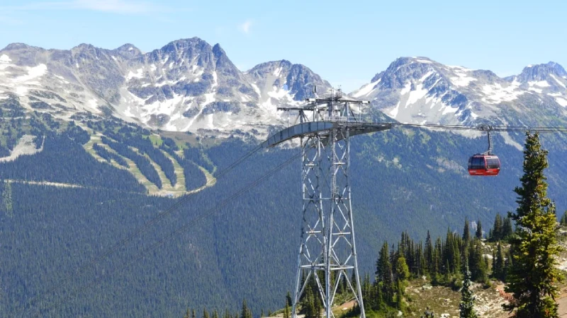 The Peak 2 Peak Gondola connecting Whistler and Blackcomb mountains in summer