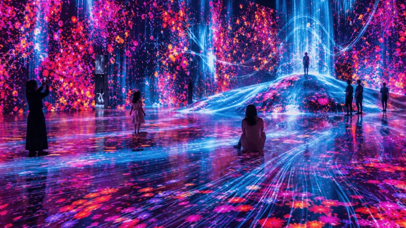 Visitors walking barefoot through a water exhibit at teamLab Planets in Tokyo