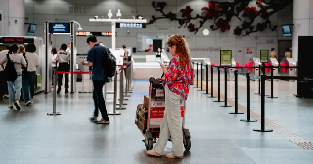 Traveler checking their phone for travel updates at an airport departure gate