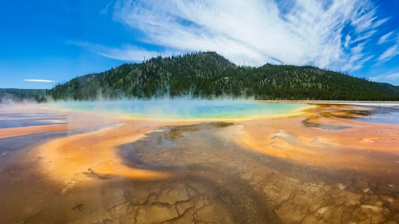 The vividly colored Grand Prismatic Spring in Yellowstone National Park
