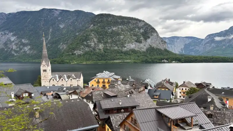 Traditional wooden houses in the mountain village of Hallstatt, Austria