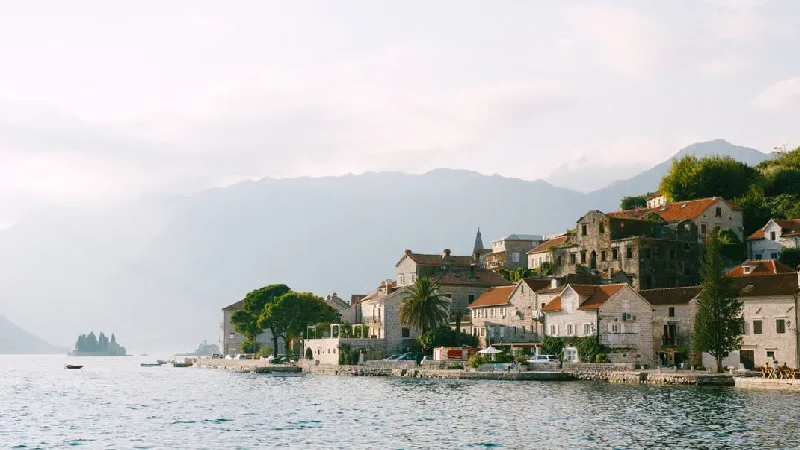 The walled old town of Kotor set against the Bay of Montenegro