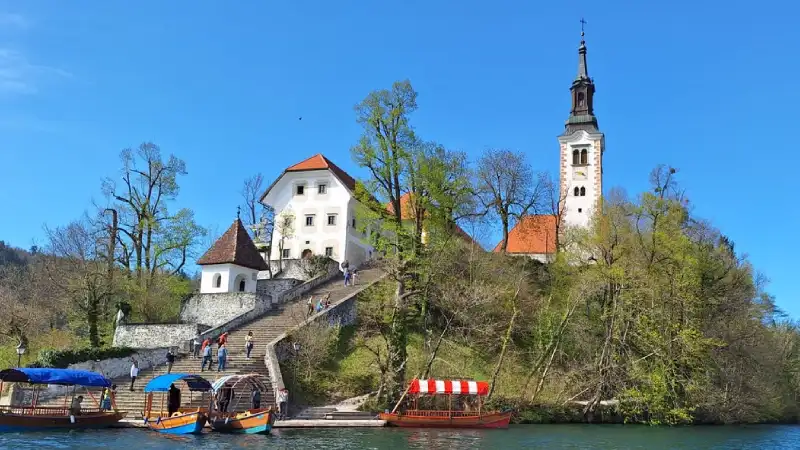 The island church on Lake Bled with the Julian Alps in the background