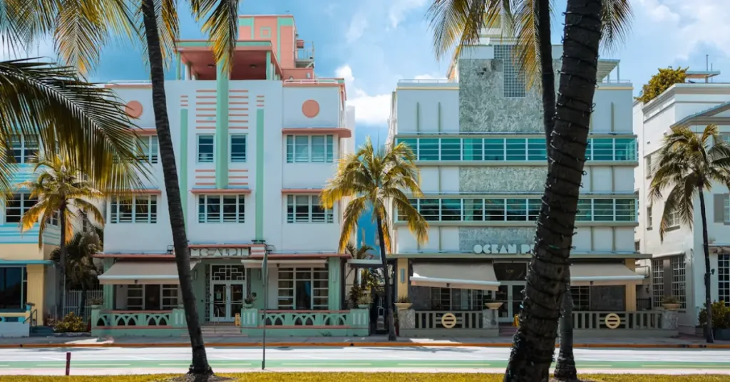 Miami Beach For International Tourists Pastel-colored Art Deco hotels lining Ocean Drive in Miami Beach