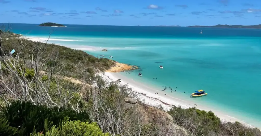 Aerial view of Whitehaven Beach's swirling white sand and turquoise water