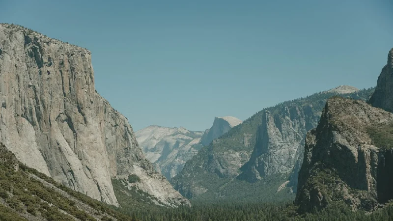 Yosemite Valley with El Capitan and Half Dome rising above the tree line