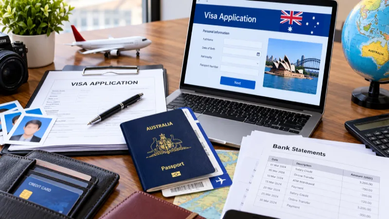 Passport, photographs, and bank statements laid out for a visa application 