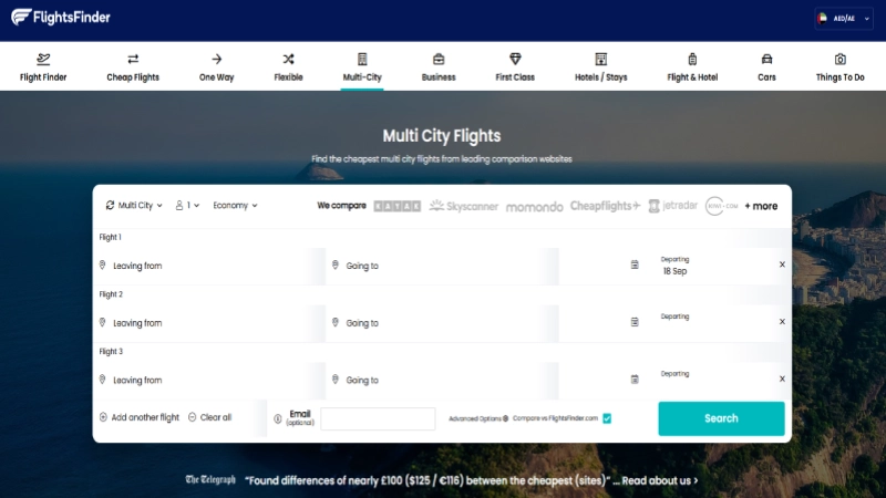 Multiple flight comparison websites open in browser tabs