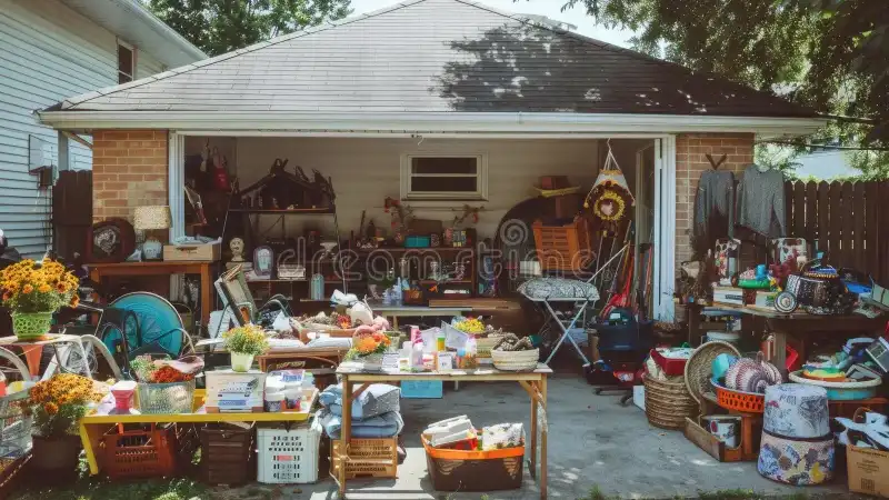 Assorted tools and furniture laid out for a garage sale 
