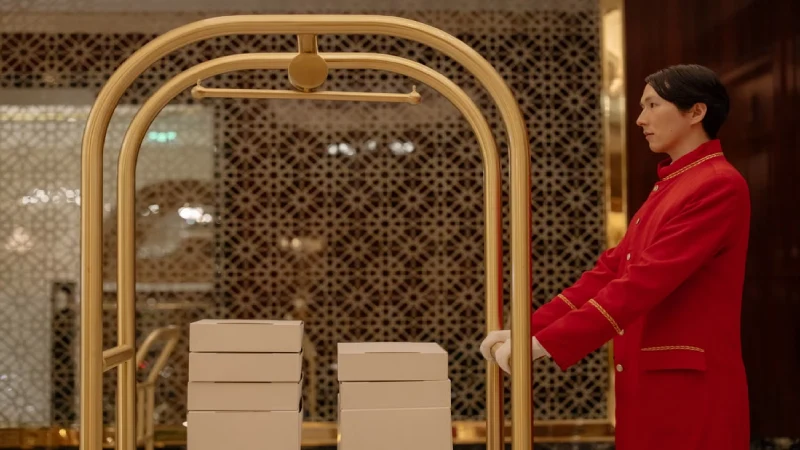 Luggage delivery service handling suitcases at a hotel in Japan