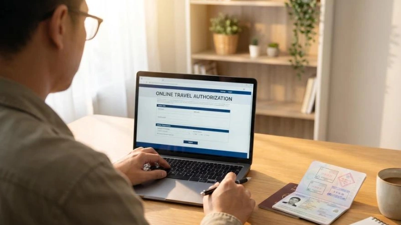 Traveler completing an online travel authorization application on a laptop