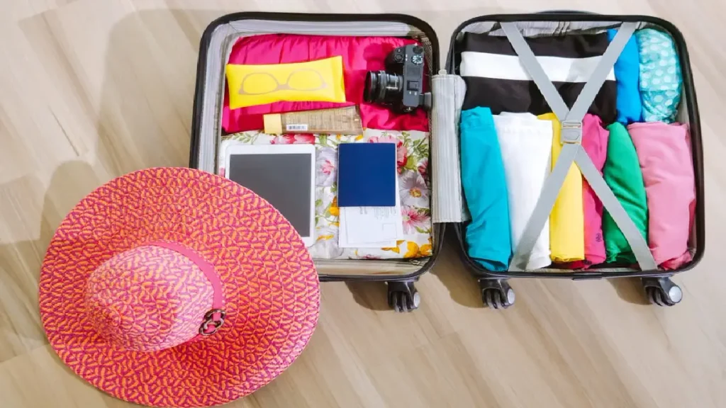 What To Pack For Europe Trip Flat lay of a packed suitcase with clothes, passport and travel essentials