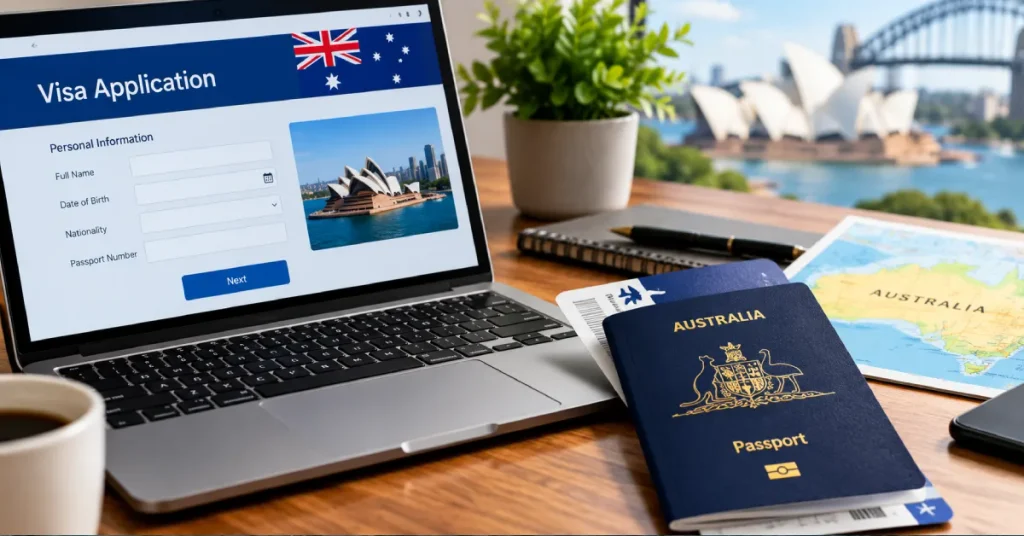 Australia Tourist Visa A passport and laptop on a desk while filling out an online visa application