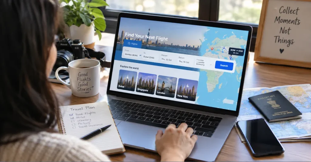 Person searching for flight deals on a laptop with a world map visible