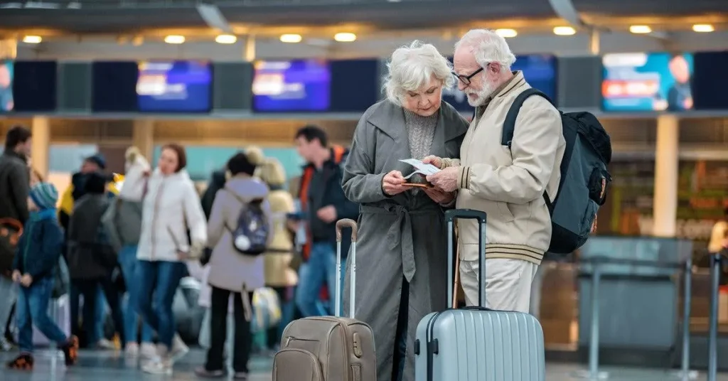 Group of senior travelers walking through an airport terminal