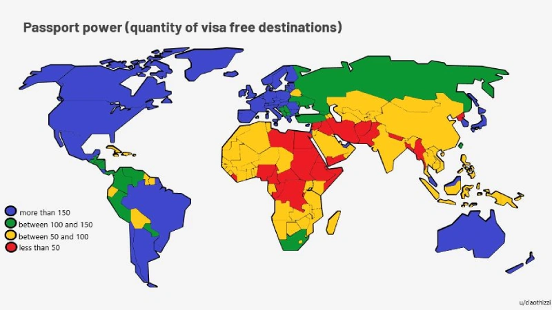World map highlighting countries with visa free travel arrangements